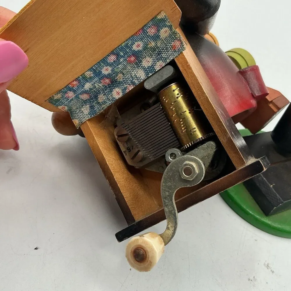 Vintage German Wooden Smoker Music Box Organ Grinder 9.5” Tested Works